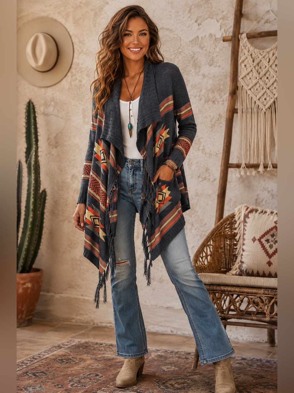 Aztec Oversized Draped Fringe Cardigan